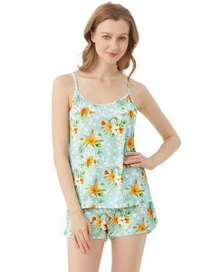 Women Floral Bamboo Fiber <b>Pajama</b> <b>Set</b> Sleeveless Shorts Summer Sleepwear Soft Printed Casual Home Wear In-Stock Fast Shipping - Product Image 1