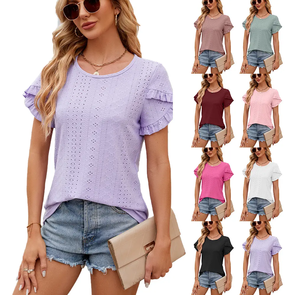 T665 2024 bescheidene elegante Damenoberteile weiche T-Shirts fließende Plättchen Tunika lässige Kurzarm-Blusen Sommeroberteile für Damen