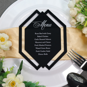 แม่แบบการ์ดเมนูอาหารงานแต่งงานเลเซอร์ไดคัทสุดหรูเมนูอะคริลิคสีดำสำหรับอาหารส่วนบุคคลสำหรับงานแต่งงาน - Product Image 1