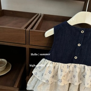 Tongxingyuan Sleeveless Vest Dress For Baby Girls Denim Floral Plaid <b>Patchwork</b> Tiered <b>Skirt</b> Breathable Summer Wear - Product Image 3
