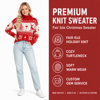 Pull-over en tricot à col roulé pour femme, avec logo personnalisé, motif Fair Isle rouge et blanc, pour Noël, en polyester, pour l'automne et l'hiver