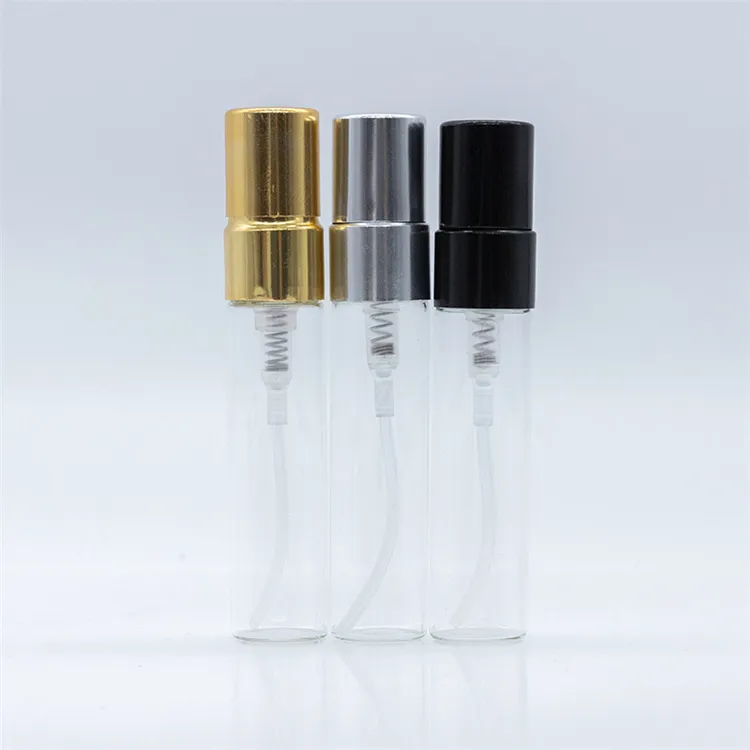 Petits flacons d'échantillon en verre transparent, conteneurs de 2, 3, 5, 10 ml, tube à essai de 2 ou 3 ml, avec atomiseur couleur or, 100 pièces