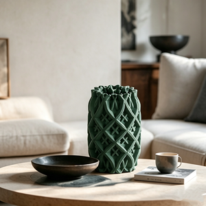 3D Hohlgebohrte Gittermuster Keramikvase in Matt-Dunkelgrün, Wabi-Sabi Vintage Dunkelholz Konsolentisch Deko-Vase - Product Image 2