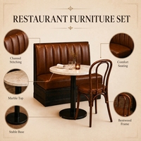 Ensemble de mobilier commercial de luxe Ron Group : banquette en cuir à dossier haut, chaise en bois courbé, table ronde en marbre pour restaurant