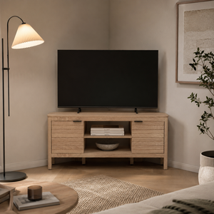 ตู้วางทีวีมุมทันสมัยพร้อมลิ้นชัก ชั้นวางแบบเปิด และด้านหน้าแบบระแนง - Product Image 3
