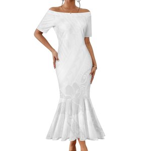 2024 Envío de la gota Polynesian Samoan Tribal White One-shoulder Vestido de cola de pez de manga corta Vestidos de sirena ajustados personalizados - Product Image 2