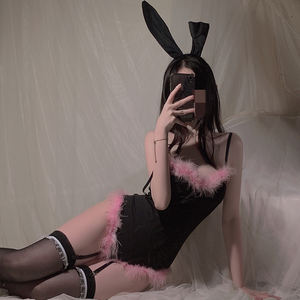 Ensemble de lingerie en peluche avec garniture en fourrure contrastée sexy costume de femme de chambre uniforme de lapin GR19708 - Product Image 6