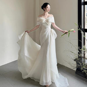 Váy cưới sang trọng <span class=keywords><strong>2025</strong></span> kiểu mới, một dây, đuôi dài bằng vải tuyn, màu trắng, thanh lịch, kiểu Pháp, nhẹ nhàng - Product Image 1