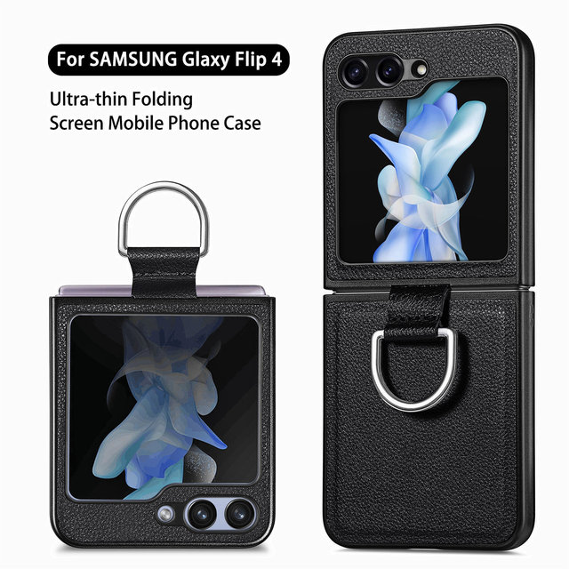 Folding Design Leather Cover Ring Holder Case for Samsung Galaxy Z Flip 5 5G Flip4 Flip3 Flip5 Flip 4 3 Zflip5 Anti-Shock Coque