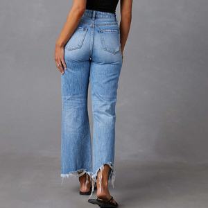 Jean décontracté pour femme style rétro OEM, coupe large, en denim déchiré avec trous personnalisés, respirant, logo cargo sur la taille, vente chaude - Product Image 3