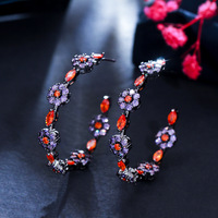 Anting Hoop Bulat Besar Motif Bunga Kuningan Berhiaskan Zirkon Ungu Merah Elegan Trendi untuk Wanita, Perhiasan Mewah Berlapis Hitam Berkualitas