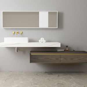Mobile da <span class=keywords><strong>Bagno</strong></span> Moderno <span class=keywords><strong>con</strong></span> Top in Pietra Sinterizzata, Specchio LED e Ripiani, Montaggio a Parete in <span class=keywords><strong>Legno</strong></span> - Product Image 2