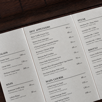 Menu de restaurant personnalisé en papier texturé plié, menu de luxe à deux volets pour restaurant gastronomique, steak, cuisine occidentale