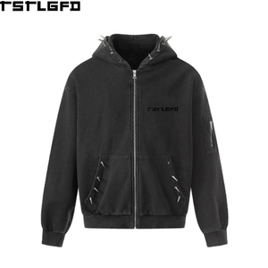 Sudadera con capucha pesada de corte y confección, con cremallera, con remaches metálicos, lavado ácido y efecto desgastado, estilo streetwear, corte holgado, al por mayor - Product Image 3