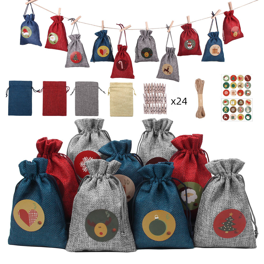 10x14cm Grey Red Small Christmas Drawstring Favor Gift Bag With Labels
