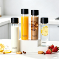 Bouteille en verre personnalisée pour jus, eau ou boisson, cylindrique, avec couvercle noir, disponible en 250ml, 300ml, 350ml, 400ml, 450ml, 500ml