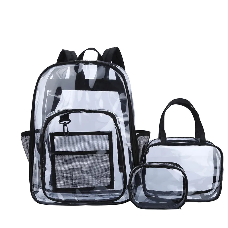 3pcs ensemble de sacs en plastique grand sac à dos de randonnée transparent en pvc avec fermeture éclair