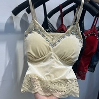 Top de terciopelo de alta calidad con encaje y tirantes finos para mujer, con almohadillas en el pecho, estilo Socialite, para usar como prenda interior.