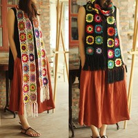 Femmes Dames Hiver Ethnique Vintage Handmade Floral Daisy Crochet Scarf Flowers Pattern Knitted Shawl with Tassels