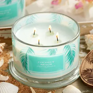 Luxury Custom Private Label Glass Jar Soy Wax Candles Christmas Decoration 4 Wicks Scented Candle Coconut Beach Tropical Candle