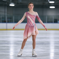 Robe de danse patinage dégradé rose, maille nude, manches longues, strass et sequins pour enfants et adultes, compétition et performance
