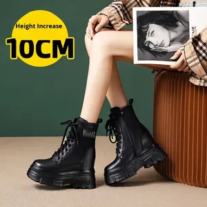 Pelle bovina primo strato per stivali stringati da <span class=keywords><strong>donna</strong></span> inverno nuovo stile spessi tacco Sole zeppa scarpe Casual tacco alto piccolo - Product Image 4