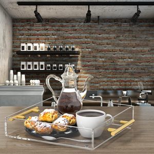 12x12 inch rõ ràng <span class=keywords><strong>Acrylic</strong></span> phục vụ khay với Vàng xử lý có thể gập lại trang trí khay cho cà phê món khai vị ăn sáng phòng tắm sử dụng - Product Image 4
