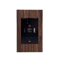 Plaque murale SC70 de type luxe en aluminium brossé à grain de bois, prise américaine standard 6 pôles et 2 prises murales USB