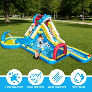 Toboggan aquatique gonflable en promotion pour enfants de 3 à 12 ans, parc aquatique de jardin avec souffleur 480W, 9-en-1, thème requin, longues glissades, but de football extérieur - Product Image 5