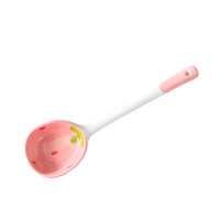 Fournitures de cuisine alimentaire mignon Style coréen japonais grand rond rose fraise en céramique soupe de nouilles avec trou profond Long manche cuillère