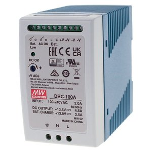 Mean Well MW DRC-100A Alimentatore Industriale AC/DC da 100W per Montaggio su Guida DIN con Uscita di Ricarica Batteria UPS 12Vdc 4.5A - Product Image 1