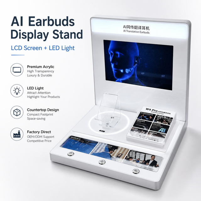 Custom AI Language Translator Earbuds Display Stand with LCD Screen Aluminium Display Stand with Alarm System Led Light