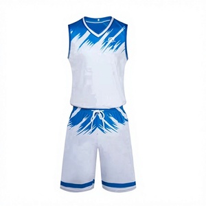 Conjunto de Camiseta de Baloncesto Sublimada Azul y Blanca para Hombre, Transpirable, 100% Poliéster, Cuello en V, Sin Mangas, con Pantalones Cortos con Cordón para Absorber la Humedad - Product Image 2