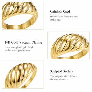 แหวนทรงโดมลายริ้ว สแตนเลสสตีล ชุบทอง 14K ด้วยระบบสุญญากาศ เครื่องประดับสีทอง - Product Image 4