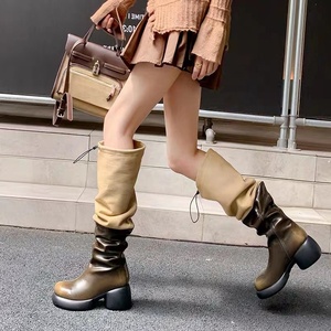 Mixed Color Low Chunky <b>Heels</b> <b>Round</b> <b>Toe</b> Loose Stretchy Top Western Boots Women Knee High Booties Patchwork Handmade Shoes - Product Image 1