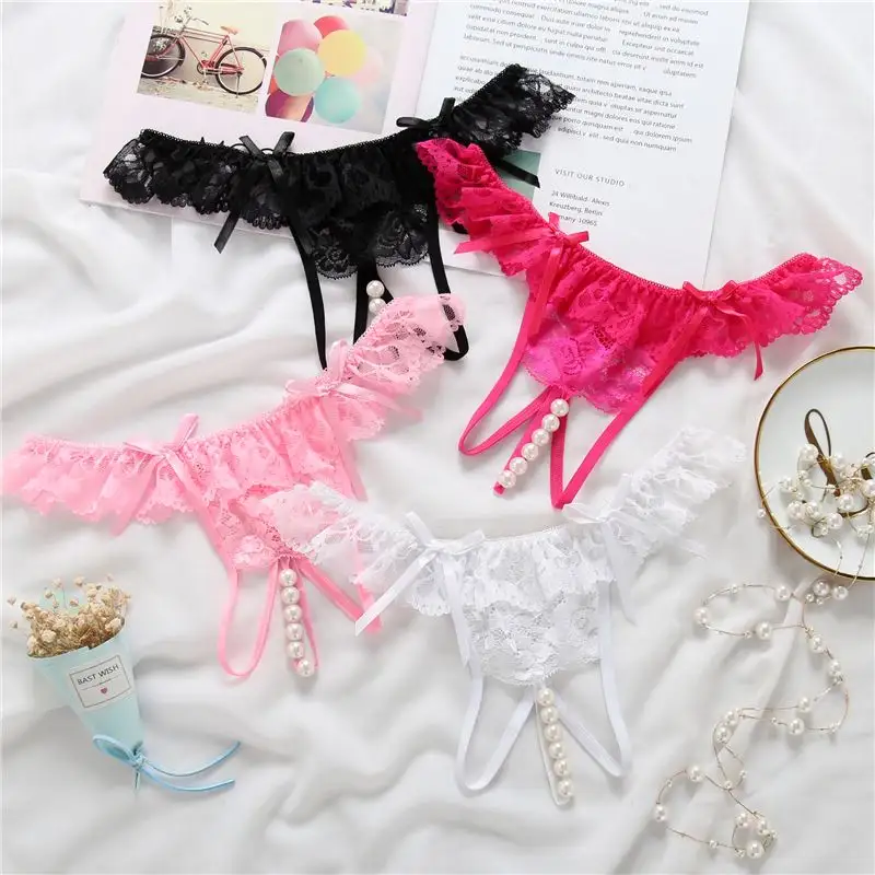 SL32 Women Sexy Panties Lady Lace Cute Transparent Sexy Thongs G String Women Bow Hot Hollow Crotchless Low Waist T-Pants