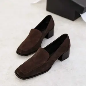 2024 Spring New Genuine Nubuck Leather Thick Heel Medium Heel Square Toe Lightweight and Comfortable Retro Slip-On Loaf Shoes