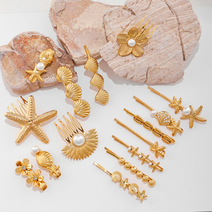 Nouvelles pinces à cheveux en alliage plaqué or 18 carats avec coquille de perle et étoile de mer, accessoires de cheveux de plage adaptés aux filles - Product Image 4