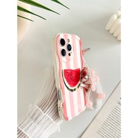 Coque de téléphone portable INS brillante à rayures pastel avec chaîne pour iPhone 11 16 17 18 Pro Max, coque arrière crème Funda