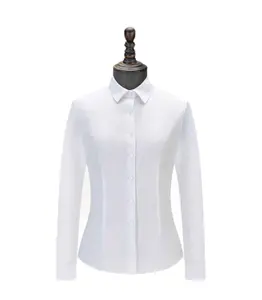 Women's formal white shirt 60% cotton breathable warm knit office uniform V-neck regular collar long short sleeves