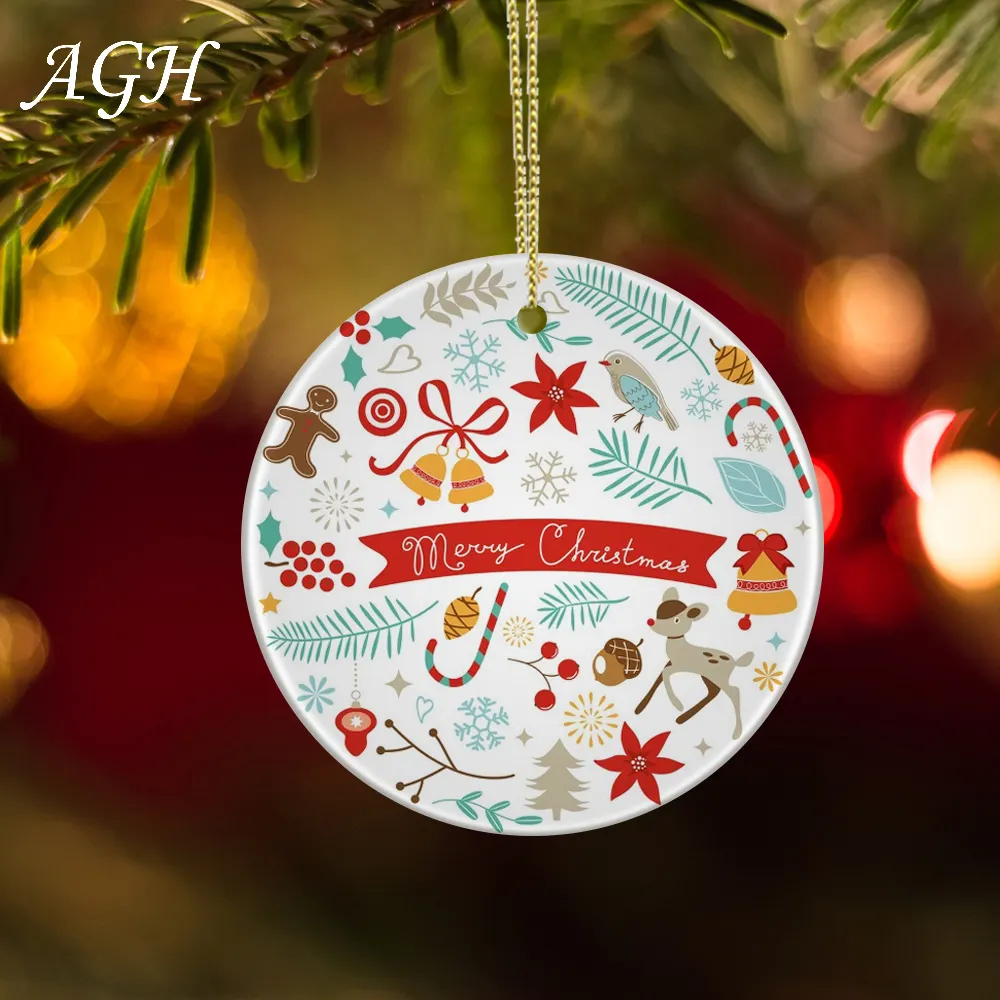 DIY Personalized Heat Transfer Ceramic Round Pendant Bauble Decoration Flat Sublimation White Christmas Tree Ornaments Blanks