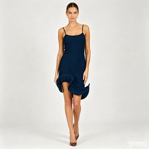 <span class=keywords><strong>Vestido</strong></span> de Fiesta Personalizado para Mujer, <span class=keywords><strong>Azul</strong></span> <span class=keywords><strong>Marino</strong></span>, Ajustado, Mini, con <span class=keywords><strong>Tirantes</strong></span> Finos y Dobladillo Asimétrico con Volantes - Product Image 1