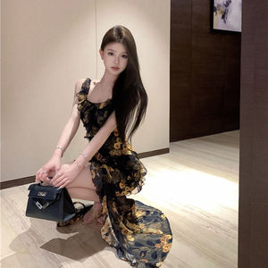 French Style Floral Print Ruffled Sundress Scoop Neck Bodycon Long Dress With Slit Summer Club Wear - Product Image 1
