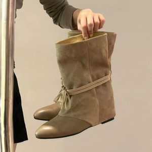 Bottines pour femme kaki à bout pointu, tige souple, détail à nouer, talon <span class=keywords><strong>compensé</strong></span>, bicolores camel et <span class=keywords><strong>beige</strong></span>, élégantes et décontractées - Product Image 5