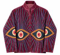 Blouson Bomber Femme en Velours Bordeaux Brodé avec Motif Œil, Manches Longues, Col en V, Doublure Coton, Hiver, Fourniture ODM, Respirant, Séchage Rapide