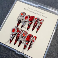 Lot de 10 faux ongles longs stiletto rouge sang Vampy à presser, faits main en acrylique, esthétique audacieuse, logo personnalisé