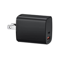 Chargeur mural double port OEM 65W Type-C PD USB-A QC3.0 à charge rapide, adaptateur pliable noir mat pour ordinateur portable et téléphone, idéal pour les voyages