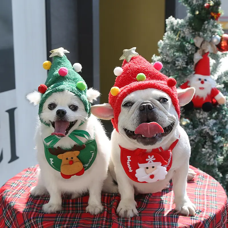 Christmas Pet Hat and Mouth Towel Set Christmas Style Cotton Dog Cat Costume Accessories Pet Christmas Costume