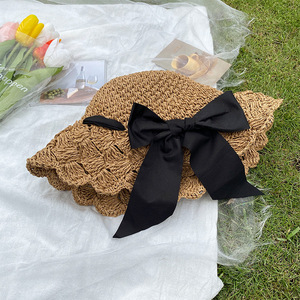 Sombrero de poliéster tejido con borde ondulado para niños y mujeres, pajarita fina, sombrilla de verano para la <span class=keywords><strong>playa</strong></span>, lavabo de <span class=keywords><strong>pescador</strong></span>, <span class=keywords><strong>playa</strong></span> de dibujos animados sólidos - Product Image 6