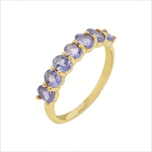 Anillo de Boda y Aniversario Personalizado de Plata de Ley 925 con Circonita Ovalada, Media Eternidad, Chapado en Oro de 14K para Mujer - Product Image 1